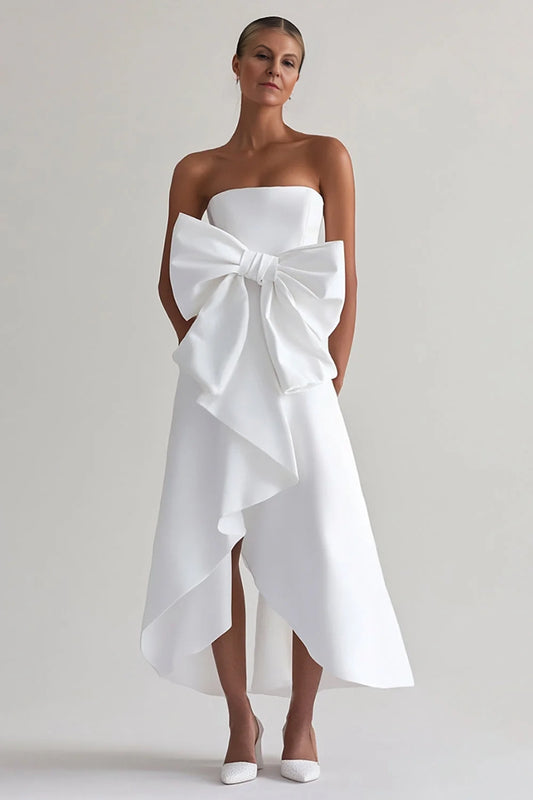 White A Line Strapless Wedding Dress With Bow