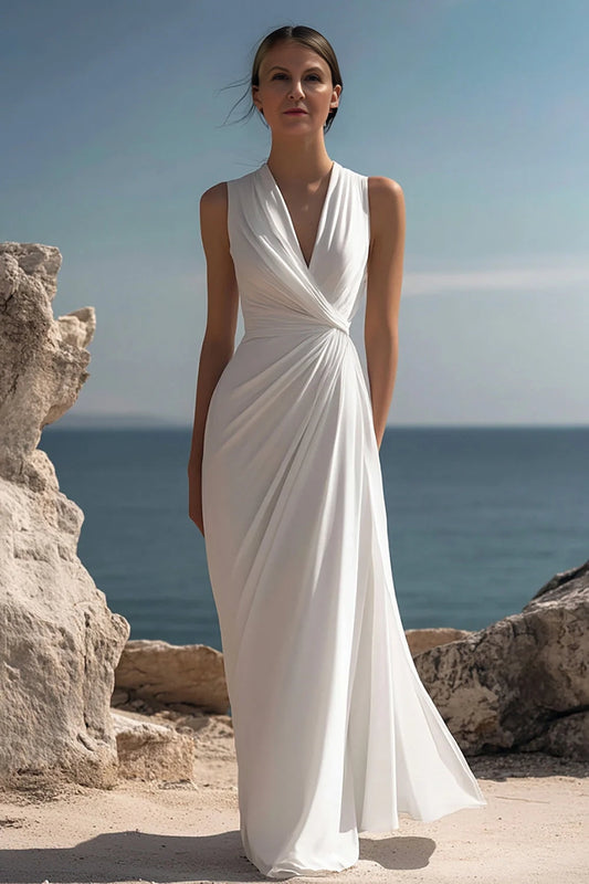 White A Line V-Neck Ruched Formal Dress