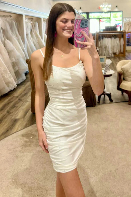White Beaded Spaghetti Strap Bodycon Cocktail Gown
