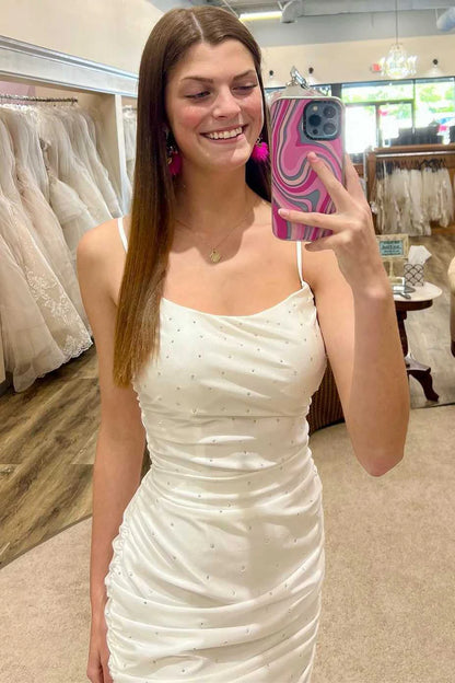 White Beaded Spaghetti Strap Bodycon Cocktail Gown
