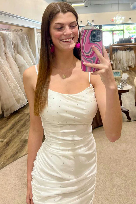 White Beaded Spaghetti Strap Bodycon Cocktail Gown