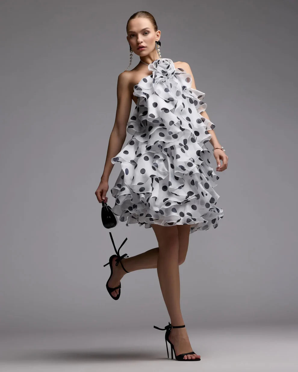 White Black Polka Dot Halter Neck Tiered Ruffle Homecoming Dresses
