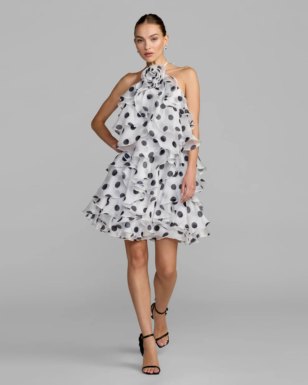 White Black Polka Dot Halter Neck Tiered Ruffle Homecoming Dresses