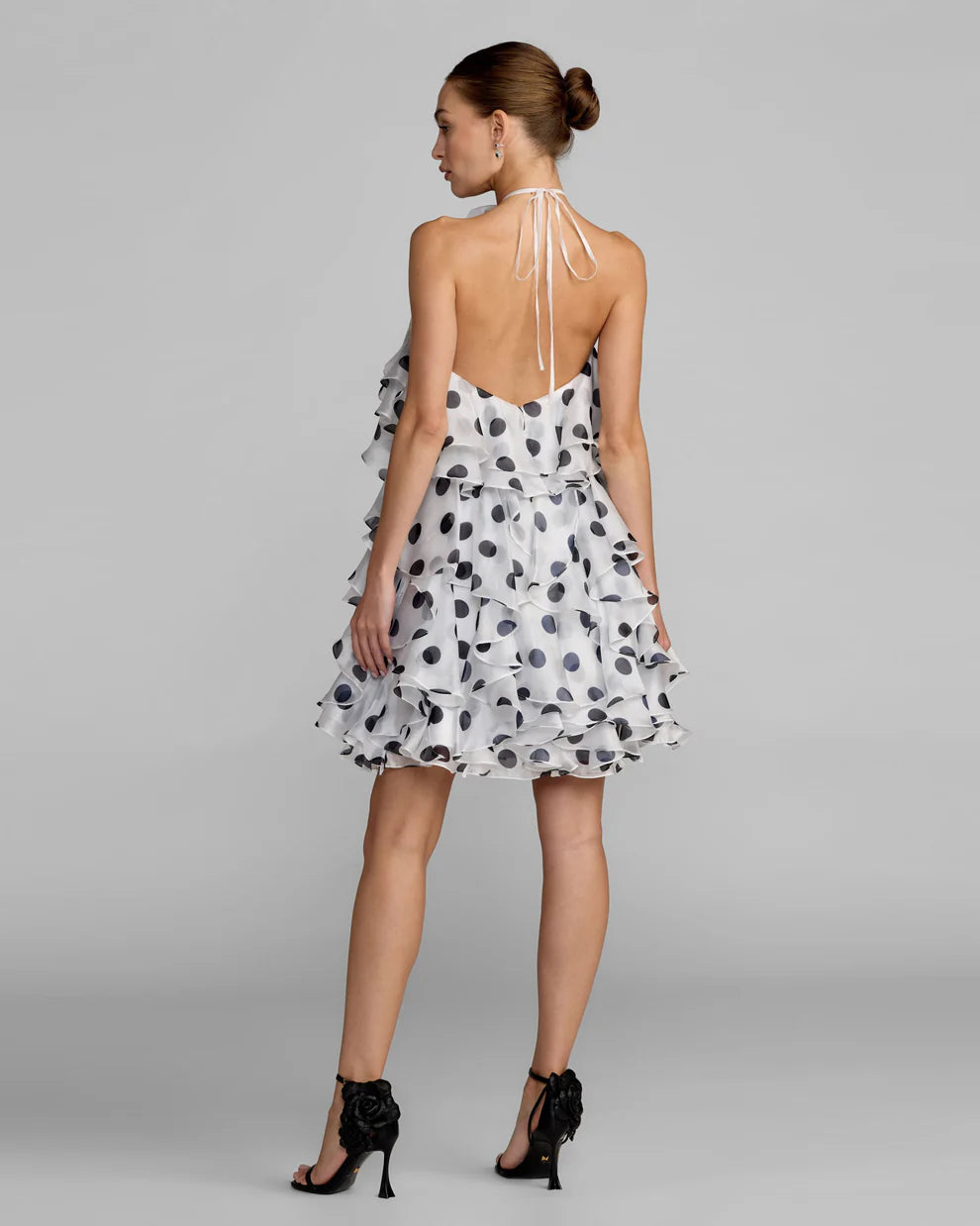 White Black Polka Dot Halter Neck Tiered Ruffle Homecoming Dresses
