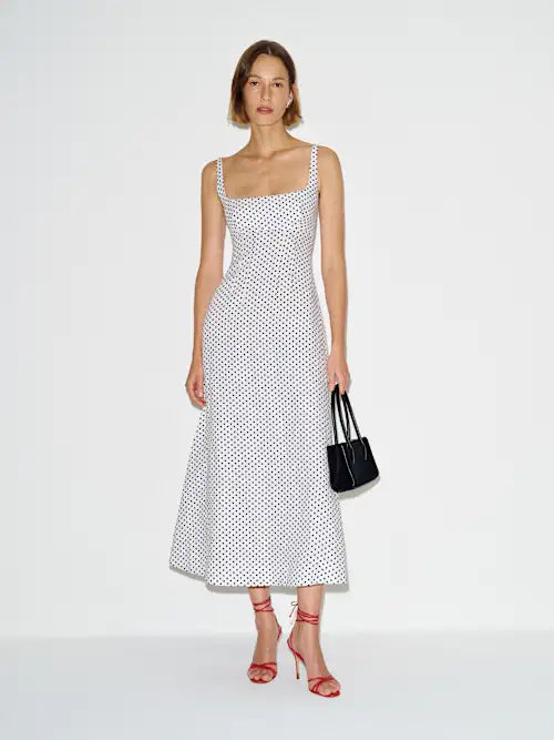 White Black Polka Dot Square Neck Wide Strap Prom Dress