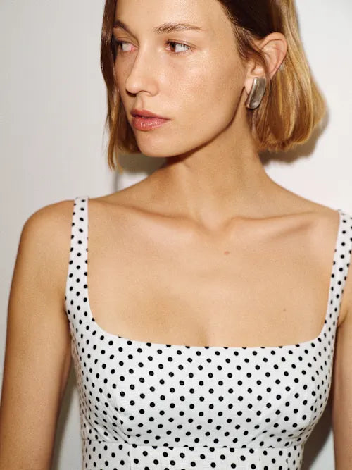 White Black Polka Dot Square Neck Wide Strap Prom Dress