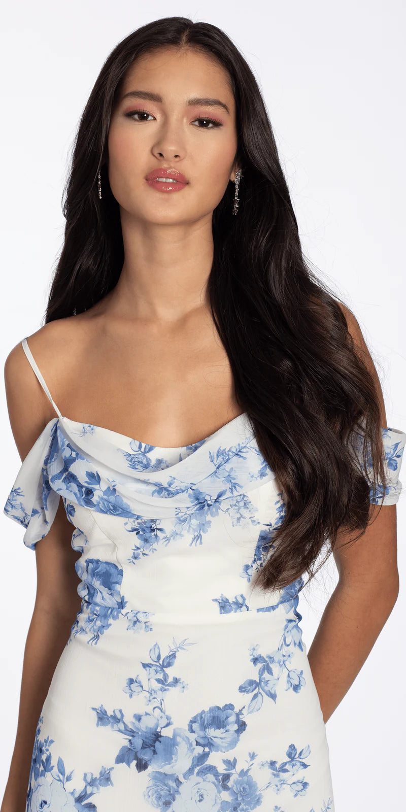 White Blue Floral Print Cold Shoulder High-Low Ruffle Maxi Evening Dresses