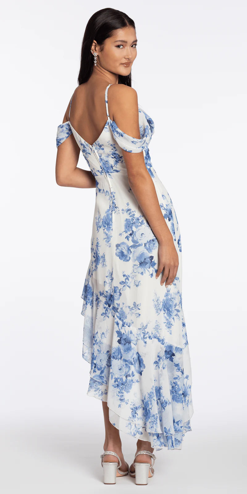 White Blue Floral Print Cold Shoulder High-Low Ruffle Maxi Evening Dresses