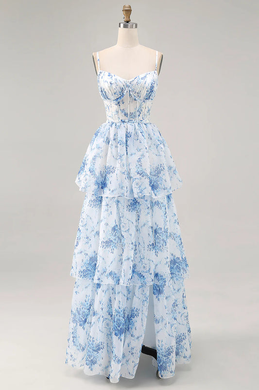White Blue Flower A-Line Lace Up Back Long Bridesmaid Dress with Slit