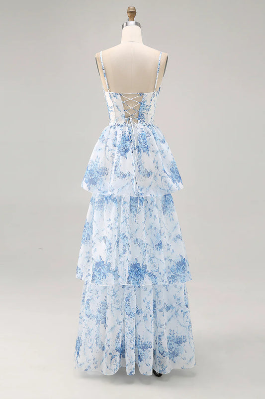 White Blue Flower A-Line Lace Up Back Long Bridesmaid Dress with Slit
