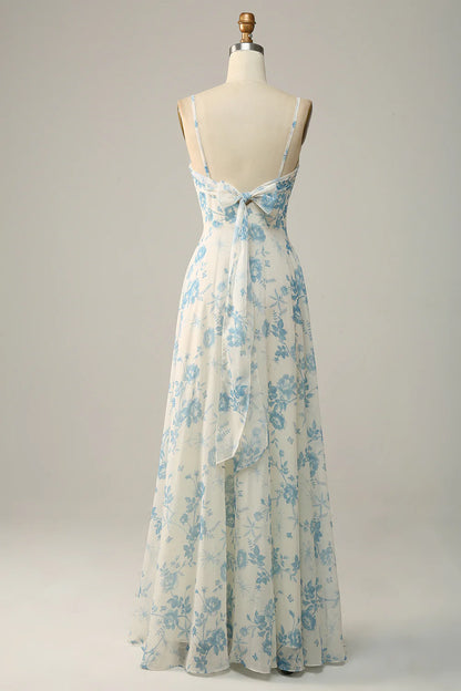 White Blue Flower A-Line Spaghetti Straps Chiffon Floor-Length Bridesmaid Dress