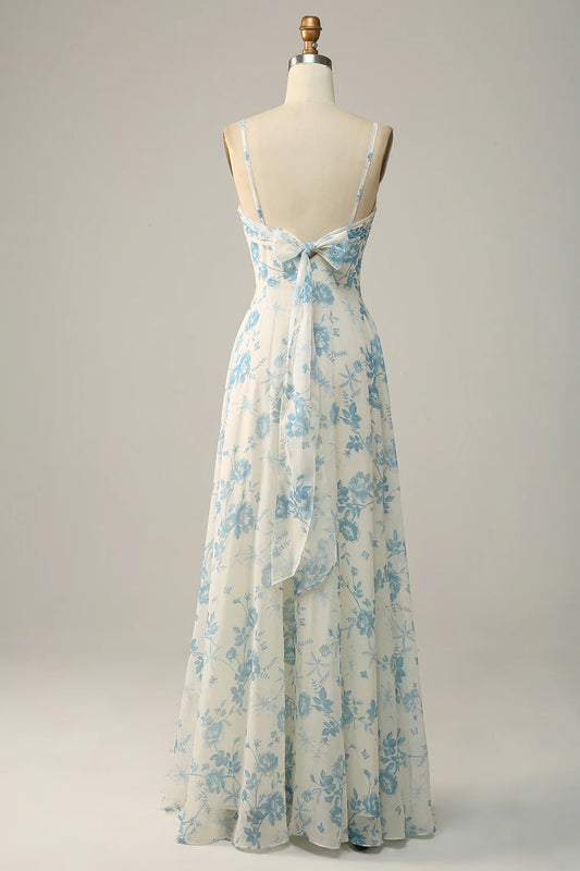 White Blue Flower A-Line Spaghetti Straps Chiffon Floor-Length Bridesmaid Dress