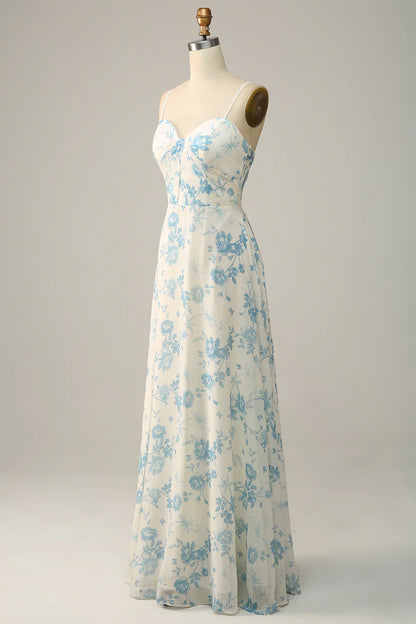 White Blue Flower A-Line Spaghetti Straps Chiffon Floor-Length Bridesmaid Dress