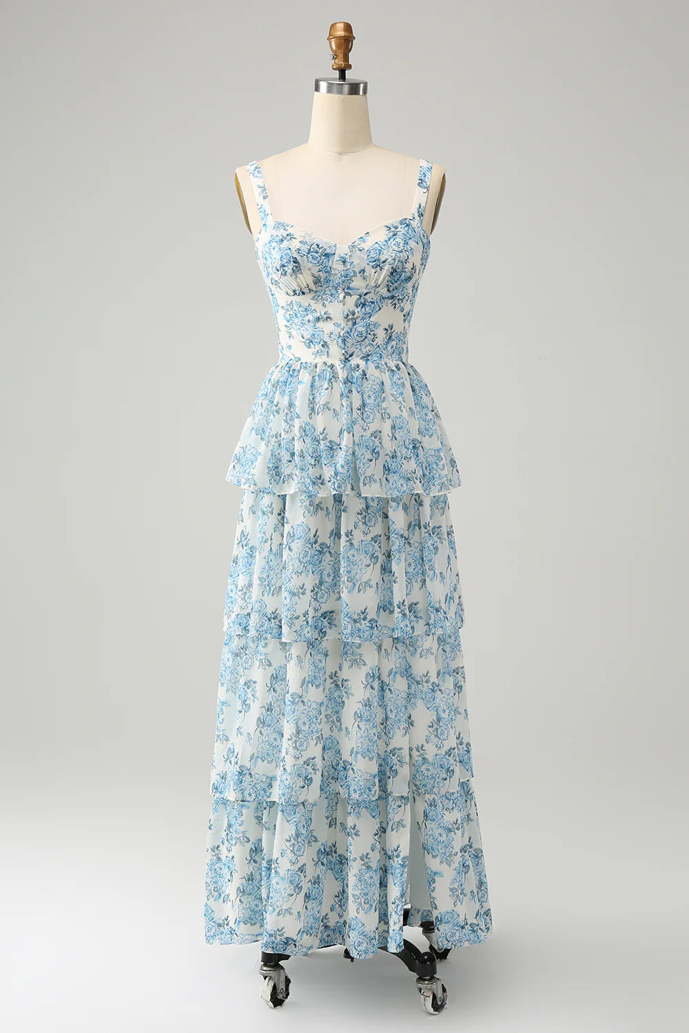 White Blue Flower A Line Spaghetti Straps Print Tiered Long Bridesmaid Dress