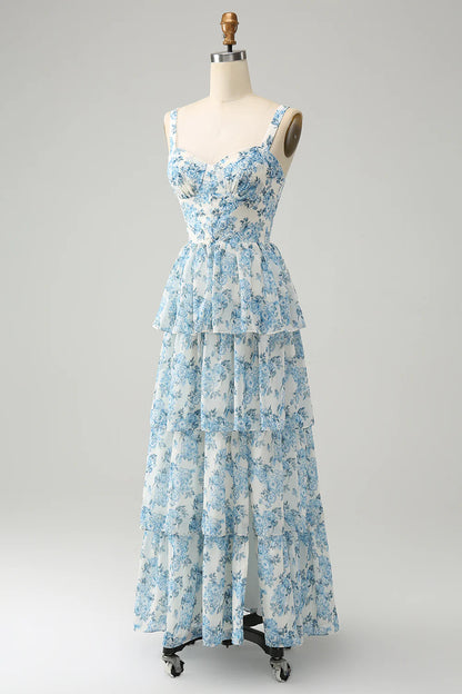 White Blue Flower A Line Spaghetti Straps Print Tiered Long Bridesmaid Dress