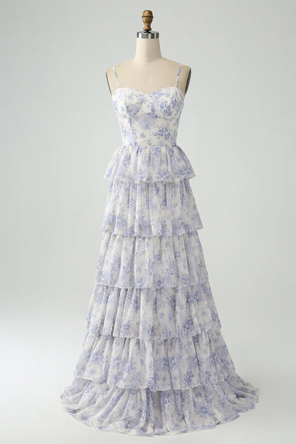 White Blue Flower A Line Spaghetti Straps Tiered Corset Maxi Dress