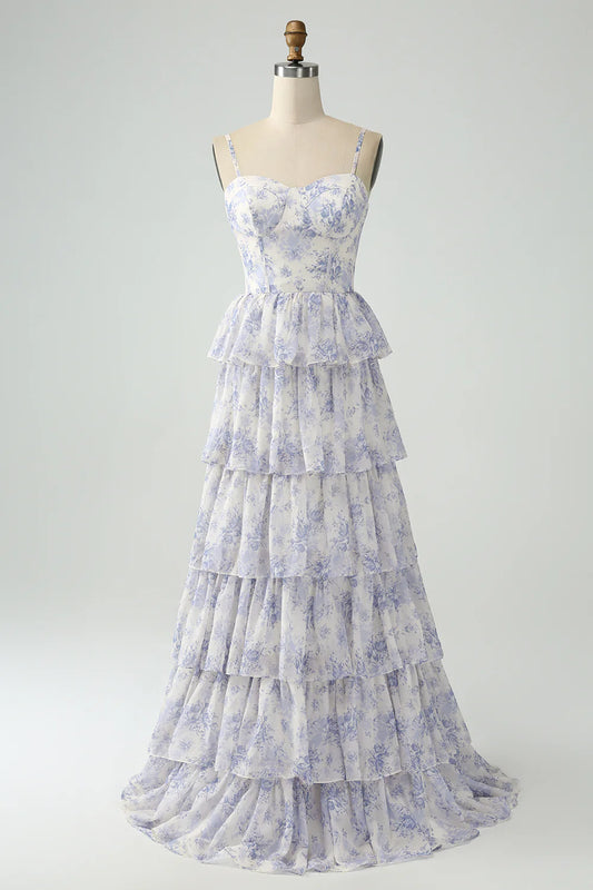 White Blue Flower A Line Spaghetti Straps Tiered Corset Maxi Dress