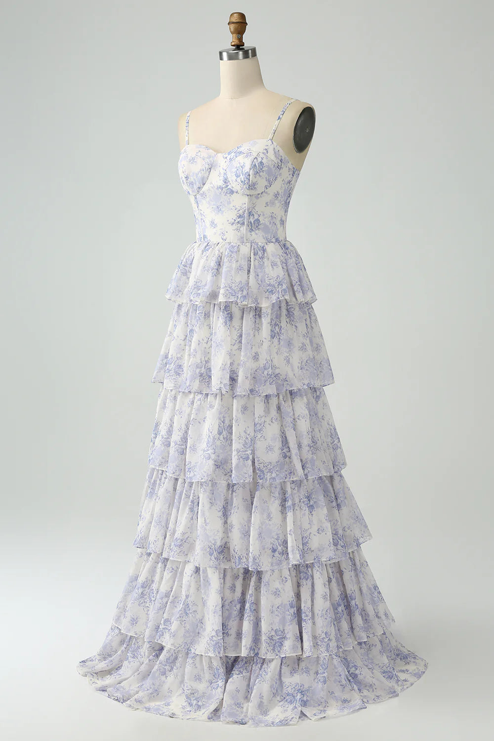 White Blue Flower A Line Spaghetti Straps Tiered Corset Maxi Dress