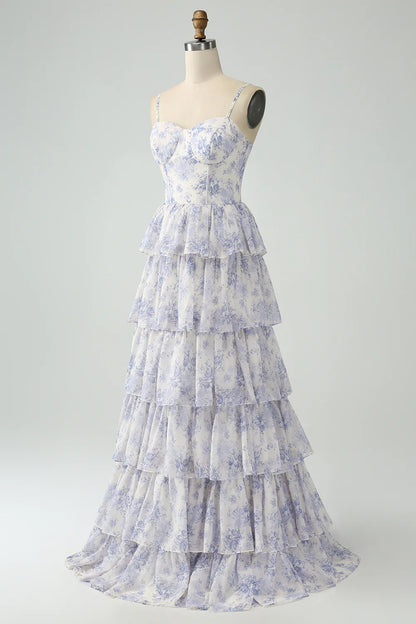 White Blue Flower A Line Spaghetti Straps Tiered Corset Maxi Dress