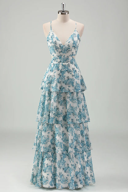 White Blue Flower A Line V Neck Tiered Long Bridesmaid Dress with Lace Up Back