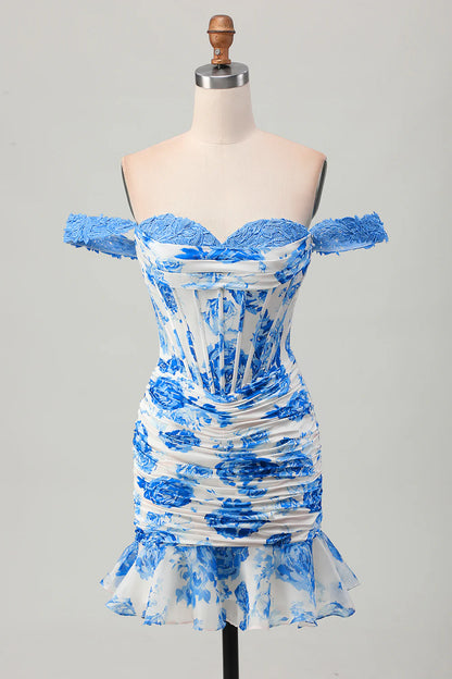 White Blue Flower Bodycon Off The Shoulder Corset Short Homecoming Dress