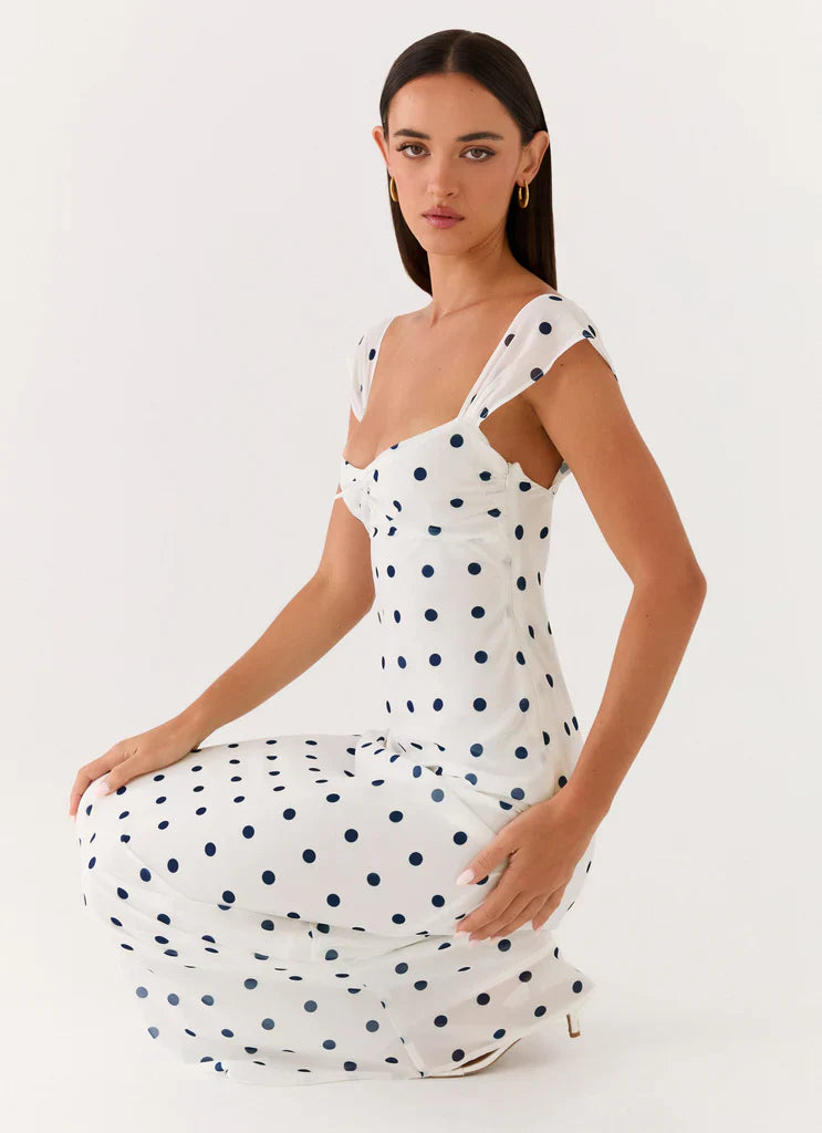 White Blue Polka Dot Square Neck Maxi Dress For Elegant Casual Party Events