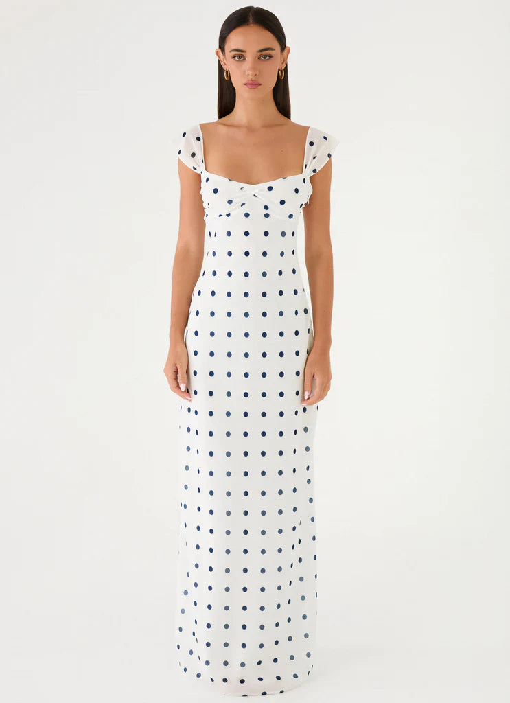 White Blue Polka Dot Square Neck Maxi Dress For Elegant Casual Party Events