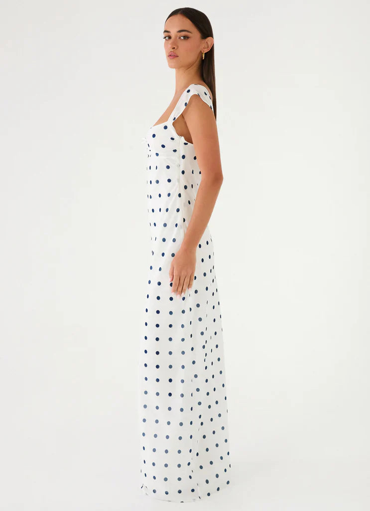 White Blue Polka Dot Square Neck Maxi Dress For Elegant Casual Party Events