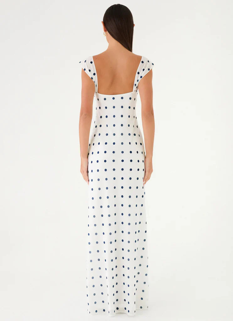 White Blue Polka Dot Square Neck Maxi Dress For Elegant Casual Party Events