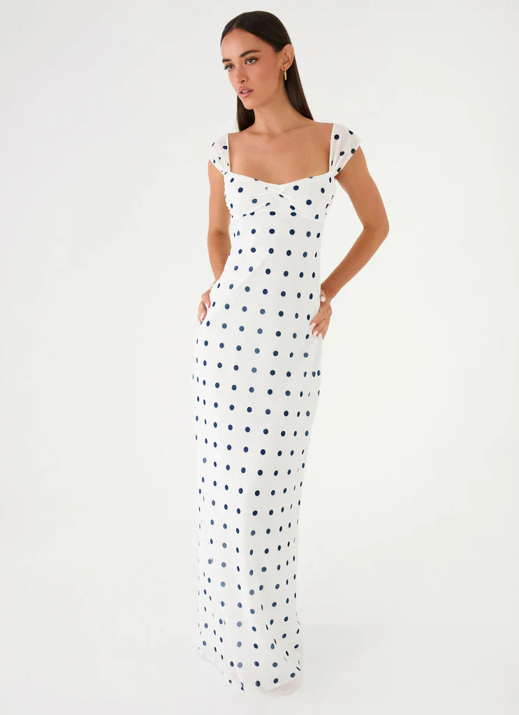 White Blue Polka Dot Square Neck Maxi Dress For Elegant Casual Party Events