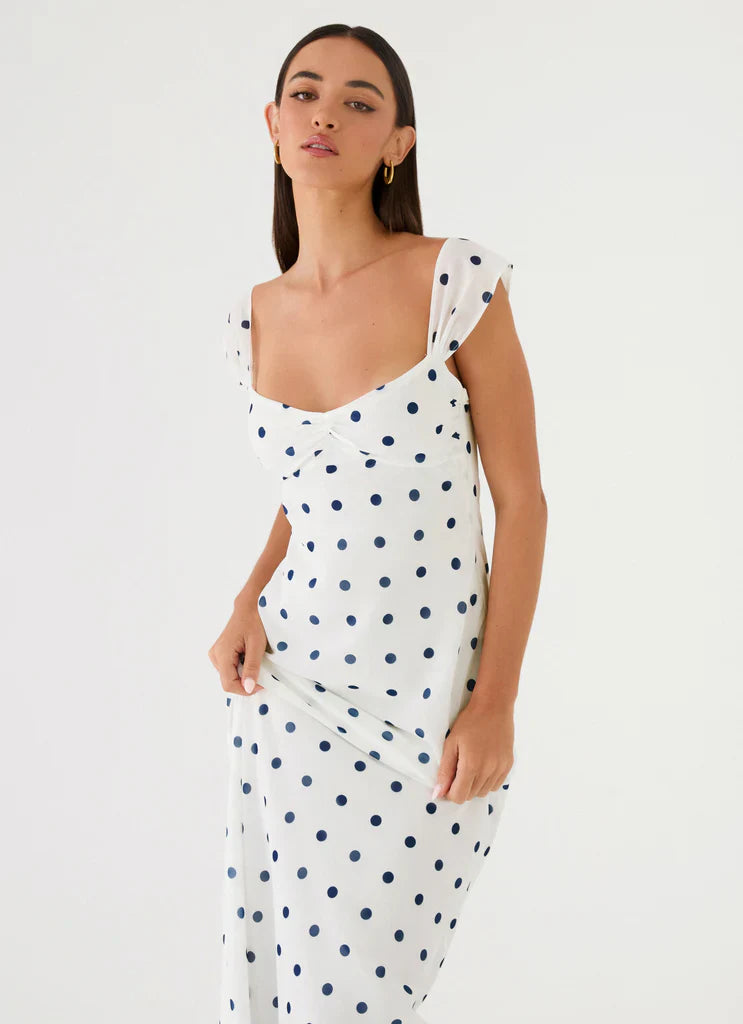 White Blue Polka Dot Square Neck Maxi Dress For Elegant Casual Party Events