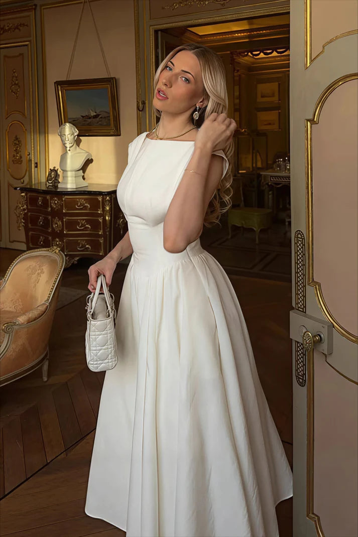 White Boat Neck Sleeveless A-Line Evening Dresses