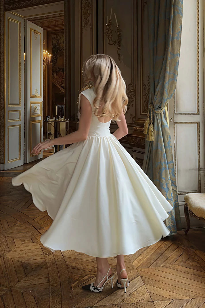 White Boat Neck Sleeveless A-Line Evening Dresses
