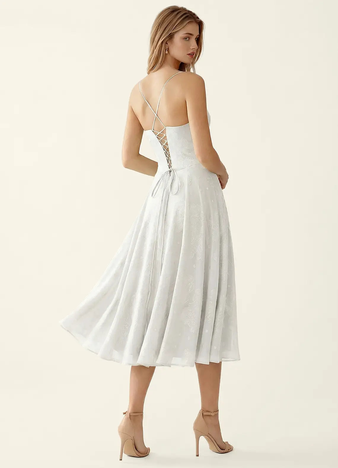 White Cowl Neck Corset Lace-Up Back Floral Print Midi Evening Dresses