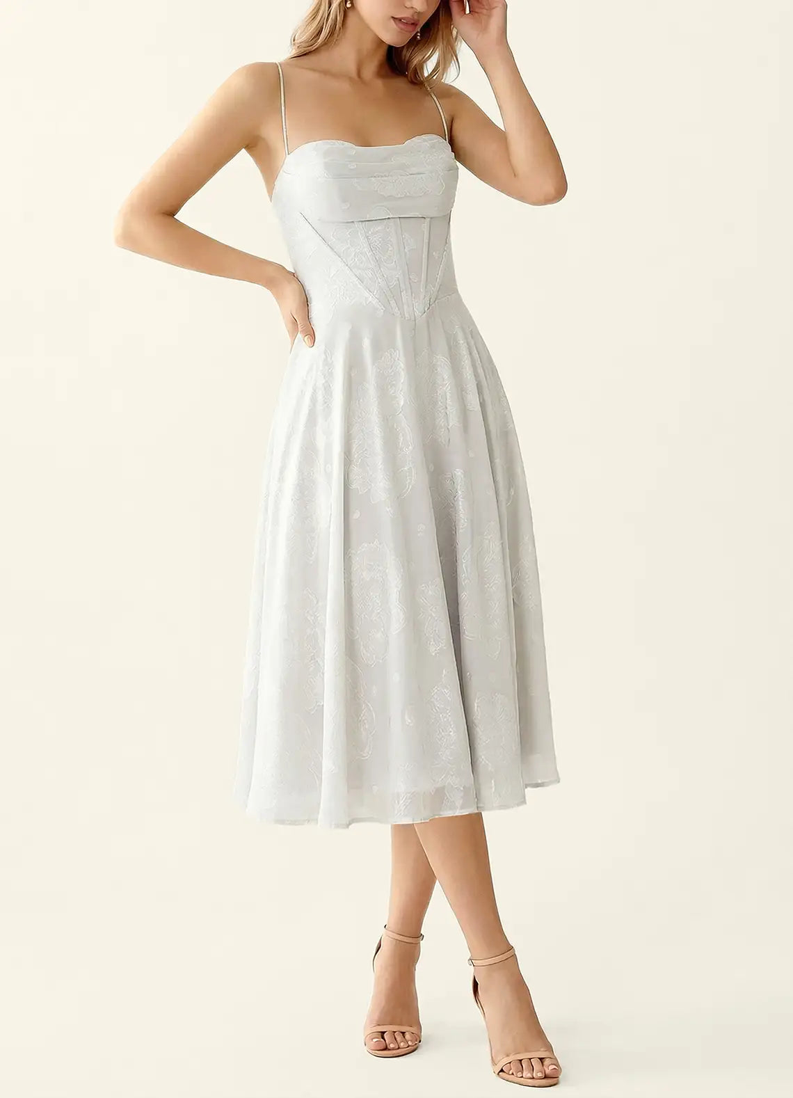 White Cowl Neck Corset Lace-Up Back Floral Print Midi Evening Dresses