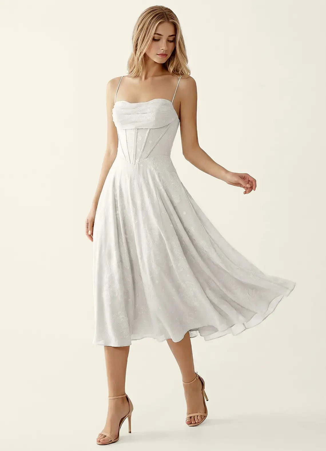 White Cowl Neck Corset Lace-Up Back Floral Print Midi Evening Dresses