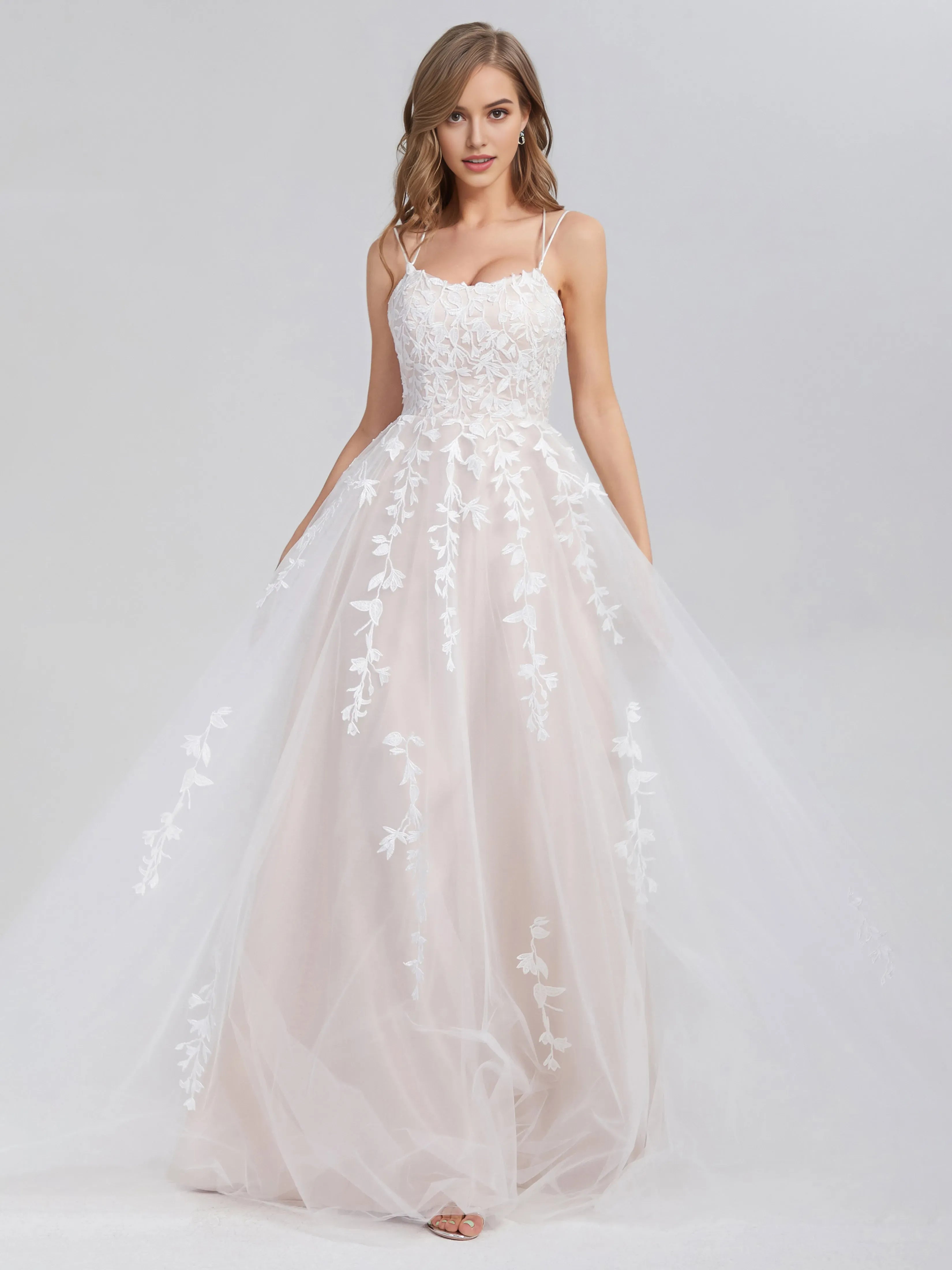 White Criss Cross Appliques Satin Tulle Prom Dress with Spaghetti Straps Floral Lace Appliqués and A - Line Silhouette