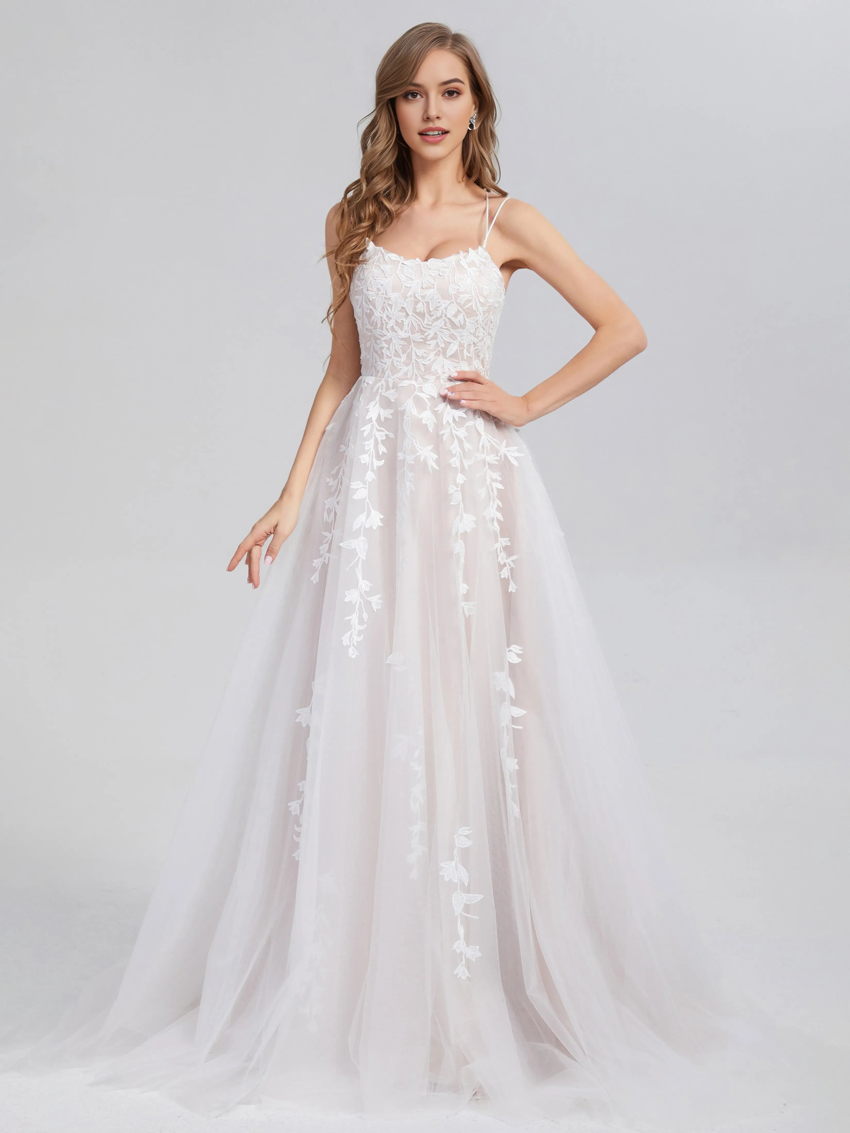 White Criss Cross Appliques Satin Tulle Prom Dress with Spaghetti Straps Floral Lace Appliqués and A - Line Silhouette