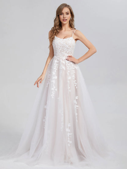 White Criss Cross Appliques Satin Tulle Prom Dress with Spaghetti Straps Floral Lace Appliqués and A - Line Silhouette