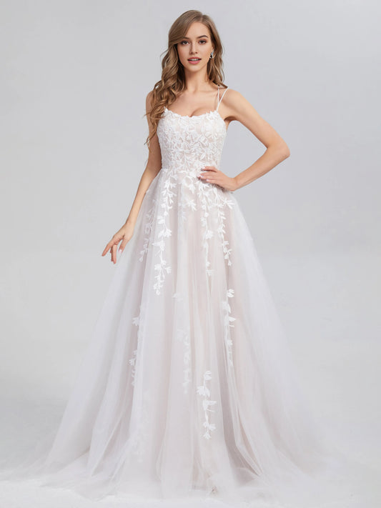 White Criss Cross Appliques Satin Tulle Prom Dress with Spaghetti Straps Floral Lace Appliqués and A - Line Silhouette