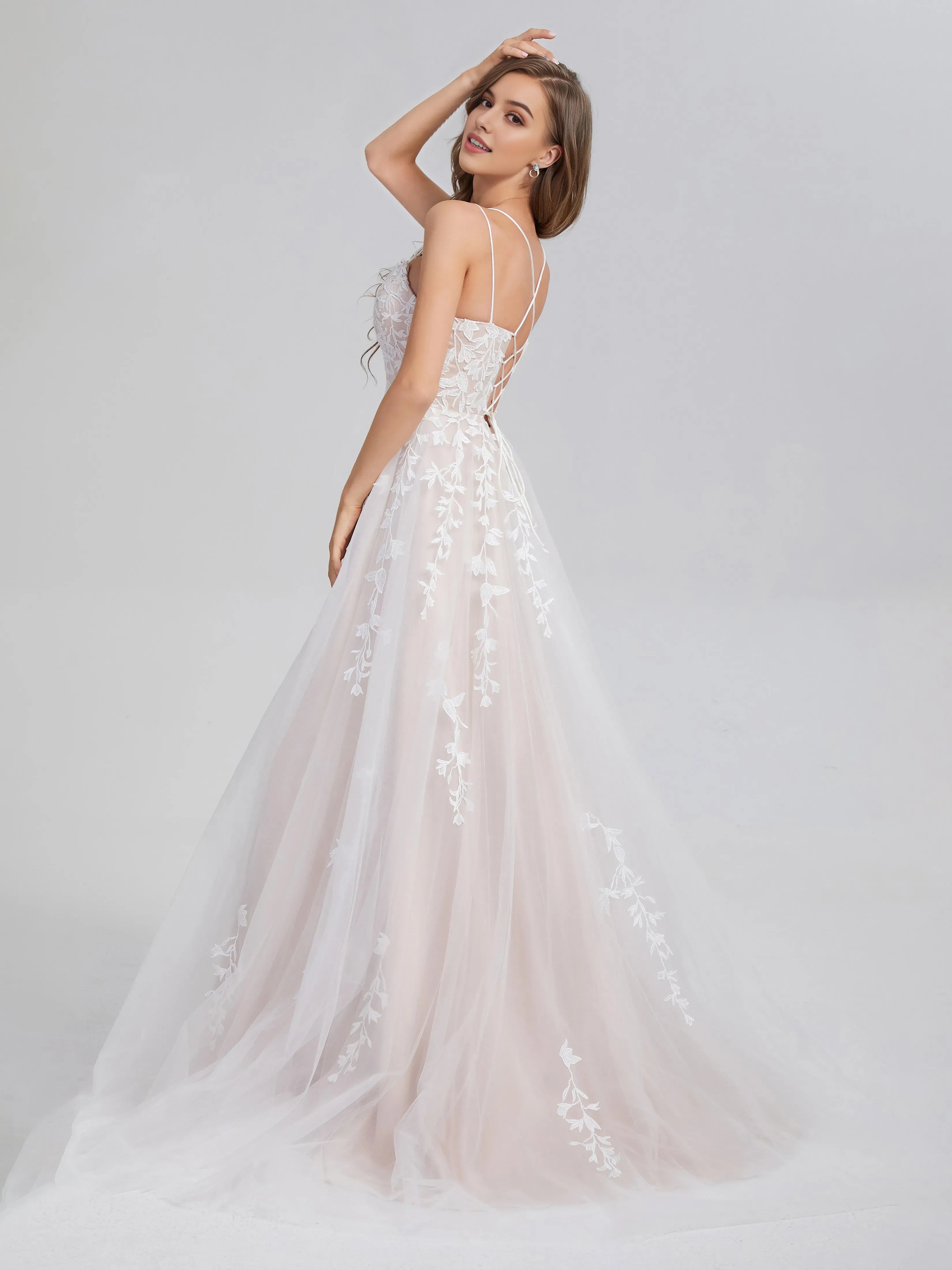 White Criss Cross Appliques Satin Tulle Prom Dress with Spaghetti Straps Floral Lace Appliqués and A - Line Silhouette