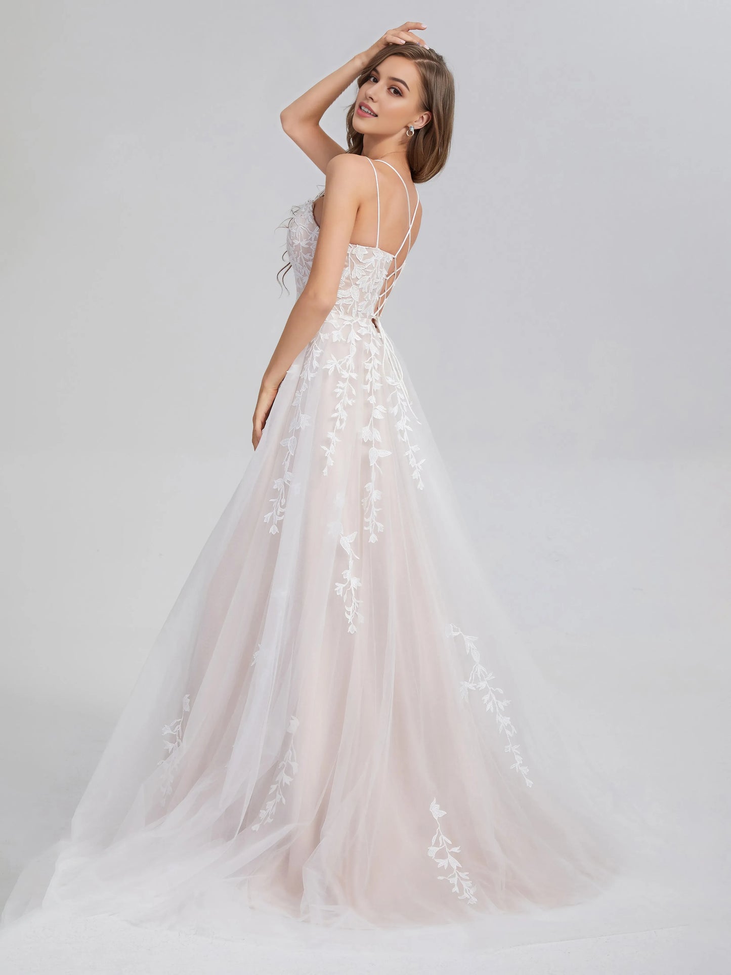 White Criss Cross Appliques Satin Tulle Prom Dress with Spaghetti Straps Floral Lace Appliqués and A - Line Silhouette