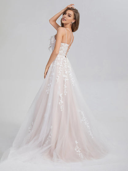 White Criss Cross Appliques Satin Tulle Prom Dress with Spaghetti Straps Floral Lace Appliqués and A - Line Silhouette