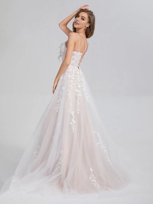 White Criss Cross Appliques Satin Tulle Prom Dress with Spaghetti Straps Floral Lace Appliqués and A - Line Silhouette