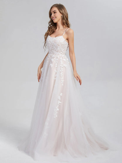 White Criss Cross Appliques Satin Tulle Prom Dress with Spaghetti Straps Floral Lace Appliqués and A - Line Silhouette