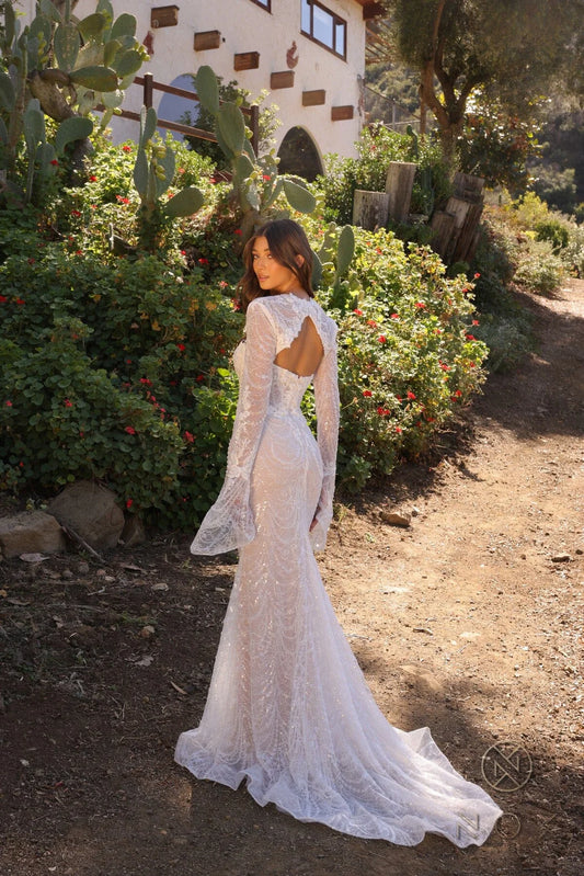 White Deep V Mermaid Wedding Dress Long Sleeve Two Piece Set