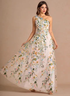 White Floral Embroidered One Shoulder A-Line Maxi Evening Dresses
