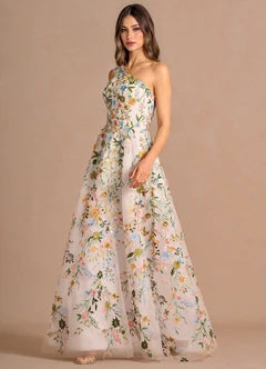 White Floral Embroidered One Shoulder A-Line Maxi Evening Dresses