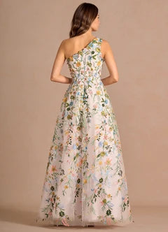 White Floral Embroidered One Shoulder A-Line Maxi Evening Dresses