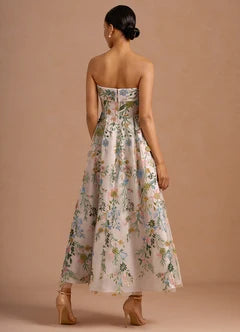 White Floral Embroidered Strapless A-Line Midi Evening Dresses